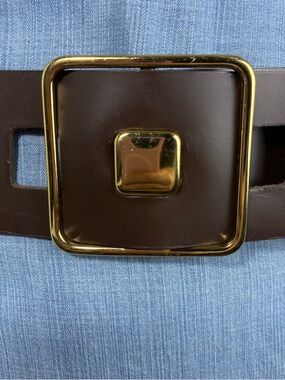 Womens belt wide gold geometric buckle chocolate brown 45” long